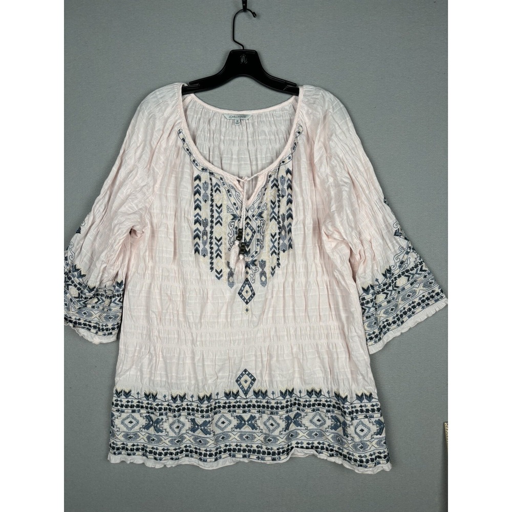 John Mark Women's Blouse Medium Pink Embroidered Tassel Tunic Boho Hippie 3193